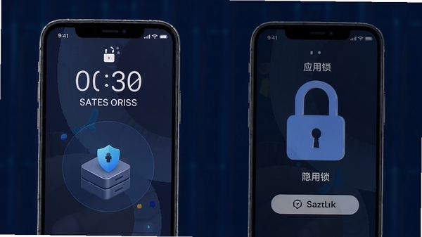 简聊安全隐私功能示意图,画面展示手机锁屏界面和应用锁验证界面,背景为深蓝色,强调数据加密和隐私保护特性。