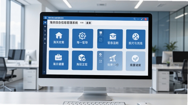 海关综合信息管理系统软件主界面,电脑屏幕显示清晰的业务功能模块图标,背景为现代办公环境,整体色调以蓝白为主,风格简洁专业