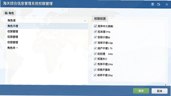 海关综合信息管理系统的权限管理界面,显示角色列表与权限勾选复选框,界面简洁,带有保存与取消按钮