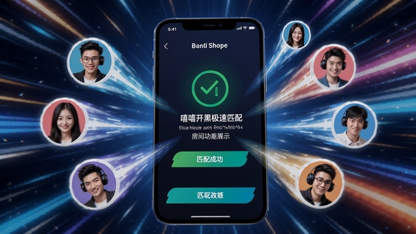 嘻嘻开黑极速匹配房间功能展示,画面中一个手机界面显示匹配成功提示,周围有多个玩家头像快速汇聚,背景为动态的速度线条,整体风格充满活力与效率感