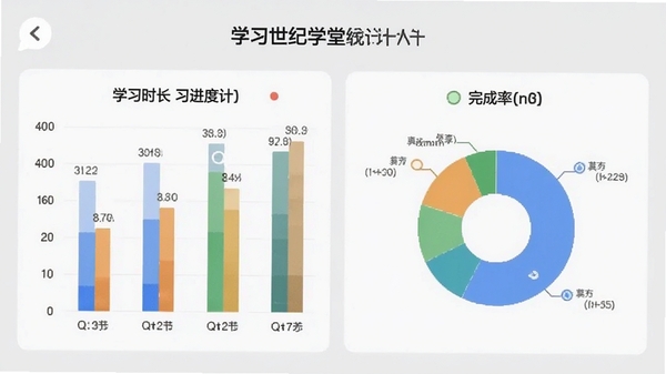 泛世纪学堂学习进度统计图表界面,包含柱状图与饼图,展示学习时长与完成率,背景为浅灰色,突出数据可视化效果
