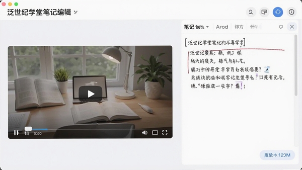 泛世纪学堂笔记编辑界面,左侧为视频播放窗口,右侧为笔记输入区域,界面清爽,体现软件名称与学习辅助功能