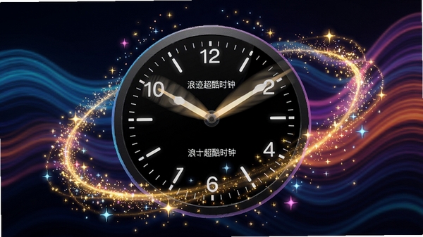 动态捕捉“浪迹超酷时钟”屏幕上的实际效果,时钟周围有流动的星光粒子特效,指针转动时带有残影效果,背景是动态的波浪线条,整体画面动感十足,色彩鲜艳,展示了软件的动态美化能力。