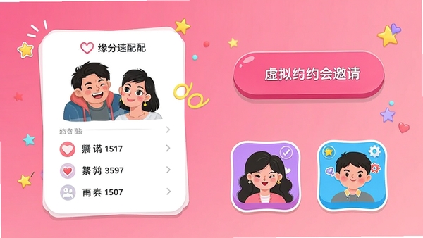 本地单身约会互动玩法界面,包含缘分速配答题卡片、虚拟约会邀请按钮和双人小游戏图标,背景为渐变粉色,画面活泼有趣