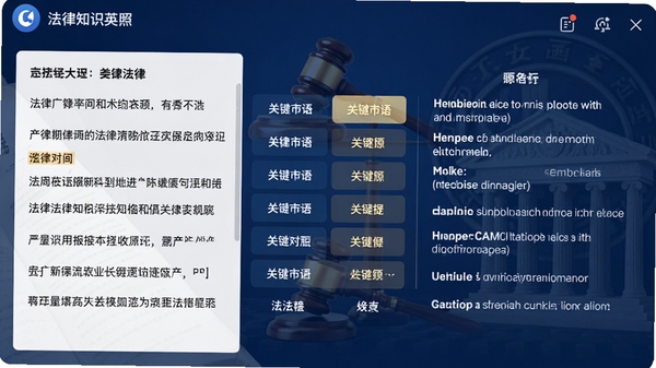 法律知识英汉对照软件主界面预览图,左侧为中文法律条文,右侧为对应英文翻译,中间高亮显示关键术语对照,背景为深蓝色法治主题,界面设计现代简洁,图标清晰,整体氛围专业严谨