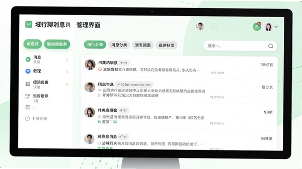 域行聊消息管理界面截图,展示清晰的消息分类标签与搜索框,背景为干净的白色与浅绿色点缀,突出功能性与条理性。