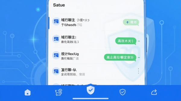 域行聊主界面预览图,展示其简洁的聊天列表与底部导航栏,背景为渐变的科技蓝,突出安全与高效的主题,整体风格现代且友好。
