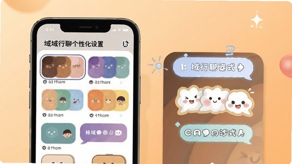 域行聊个性化设置页面,展示多种主题色与气泡样式选择,背景为柔和暖色调,搭配手机模型,体现趣味性与定制化。