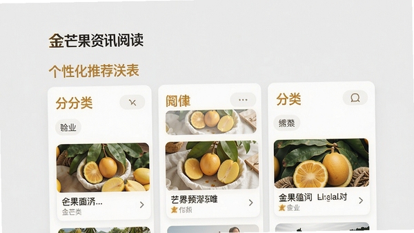 金芒果资讯阅读界面,展示个性化推荐列表,卡片式布局,配有分类标签和缩略图,背景为浅灰色,突出内容主体,画面清晰舒适