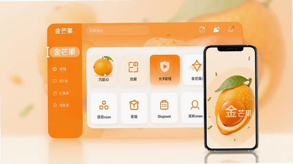 金芒果软件主界面预览,现代简约风格,以活力橙色为主色调,界面中央展示分类功能区,背景为柔和的渐变色,配有手机模型,整体明亮清晰,适合作为软件宣传图