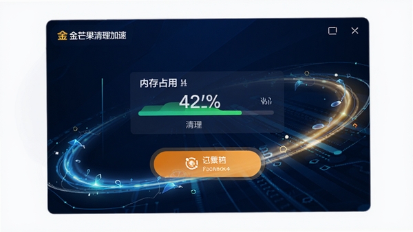 金芒果清理加速功能运行界面,显示内存占用百分比和清理按钮,周围有流畅线条和光效,背景为深蓝色科技感风格,突出速度与效率