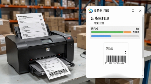 淘宝快递单出货单打印软件批量打印进度条界面,显示已完成和剩余数量,背景为仓库工作台,打印机正在出单