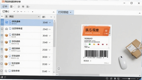 淘宝快递单出货单打印软件主界面预览图,左侧订单列表,右侧打印预览,背景为浅灰色办公桌面,整体风格简洁清爽,软件名称显示在窗口标题栏