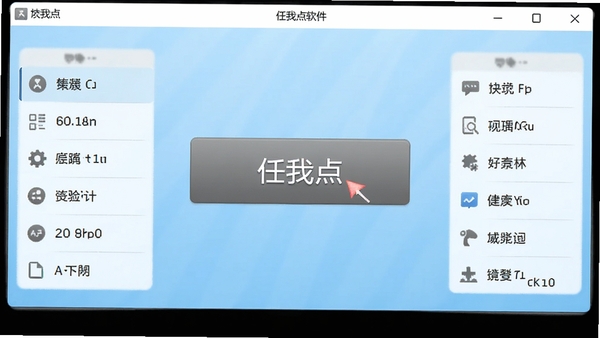灰色按钮任我点软件主界面截图,显示一个简洁的工具窗口,中间有一个大按钮,背景为浅蓝色渐变,周围有功能列表,整体风格干净明亮,突出按钮激活功能