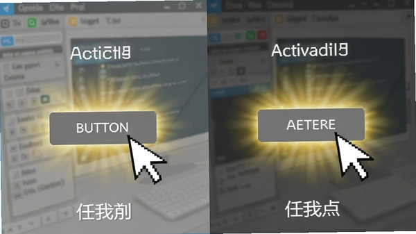 灰色按钮任我点激活按钮操作示意图,鼠标指针指向一个灰色按钮,按钮周围发出金色光芒,表示被激活,背景为软件操作界面,画面清晰展示激活前后的对比效果