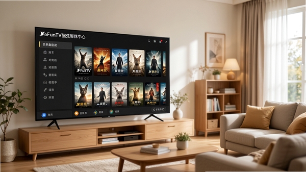 MoreFunTV猫范媒体中心的主界面预览图,画面展示一个宽敞明亮的客厅,大屏幕电视上正运行着软件,界面显示整齐的海报墙和分类菜单,背景为温馨的家庭环境,画面比例为16:9,风格写实清晰