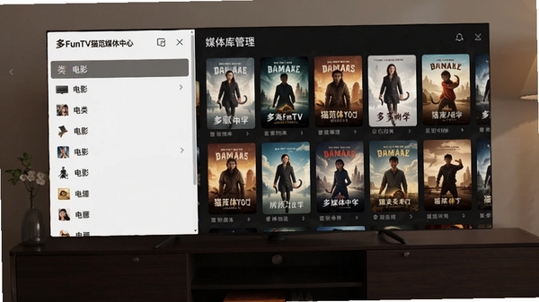 MoreFunTV猫范媒体中心的媒体库管理界面,屏幕左侧是电影分类列表,右侧展示一排排带有精美海报的影片封面,背景为深色木质电视柜,画面色调柔和,突出软件的整理功能,16:9比例