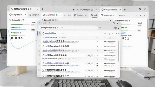 爱博email搜索圣手正在多个搜索引擎中并行搜索关键词,界面显示不同搜索引擎的标签页,每个标签页有进度条和结果计数,中间主区域展示抓取到的网页列表,背景为浅灰色工作台