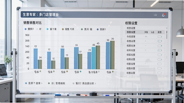 生意专家多门店管理数据看板,显示各分店销售对比柱状图和权限设置列表,背景为办公室白板,风格商务专业