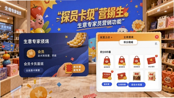 生意专家会员营销功能界面,展示会员卡面设计和积分商城页面,背景为店铺促销海报,色彩活泼醒目