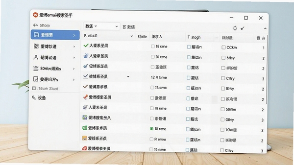 爱博email搜索圣手主界面截图,展示软件启动后的主窗口布局,左侧为功能导航区,右侧为数据展示列表,背景为浅色桌面,整体风格简洁明亮,软件名称显示在窗口标题栏