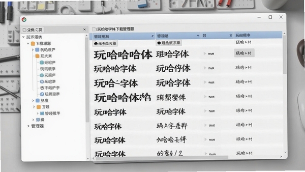 玩哈哈字体下载管理器主界面预览图,左侧分类树,右侧字体列表,背景为浅灰色工作台