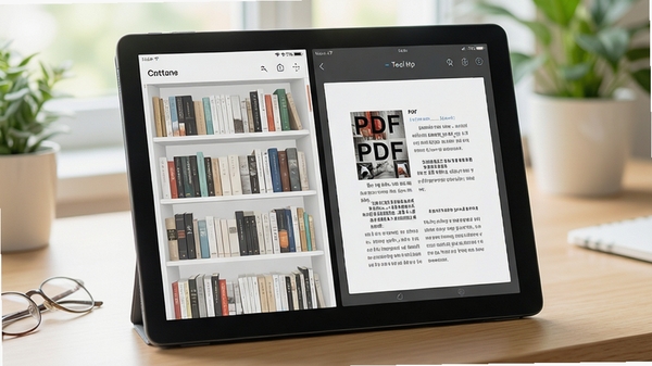 电子图书阅读器主界面预览图,展示清爽的书架布局与正在阅读的PDF文档窗口,背景为柔和的木质书桌与绿植,画面整体明亮通透,突出软件沉浸式阅读氛围,风格写实高清