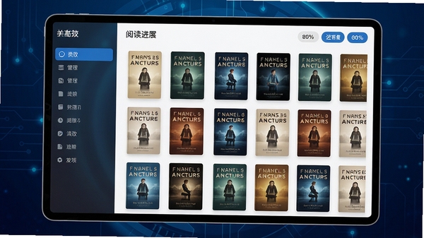电子图书阅读器图书管理功能预览,界面显示网格状书籍封面墙,包含分类侧边栏与阅读进度百分比标签,风格简洁现代,背景为深蓝色科技感渐变,突出数据管理的高效性