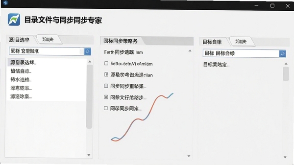 目录文件同步专家主界面截图,左侧源目录选择,右侧目标目录选择,中间显示同步策略选项,整体界面简洁清晰,背景为浅灰色调,突出软件名称logo