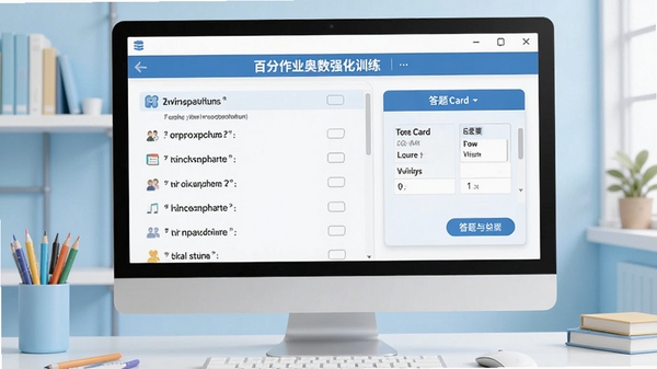 百分作业奥数强化训练主界面截图,电脑屏幕显示题目列表与答题卡,背景为浅蓝色学习场景,界面整洁清晰,风格现代扁平化