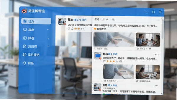 看侃微博电脑客户端主界面截图,左侧为功能导航栏,右侧为信息流瀑布墙,整体采用蓝白配色,界面清爽简洁,背景为模糊处理的办公环境,高清数字艺术风格