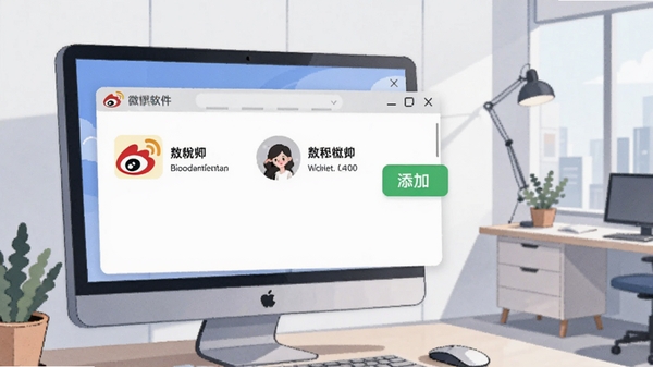 看侃微博软件的多账号管理界面展示,画面中一个电脑窗口内并列显示两个不同的微博用户头像和昵称,窗口边缘有添加账号的绿色按钮,背景为现代简约的办公室一角,插画风格