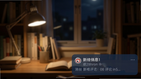 看侃微博消息推送提醒的截图,屏幕右下角弹出深蓝色半透明通知框,显示新粉丝和评论的摘要信息,背景为光线柔和的深夜书房场景,写实风格