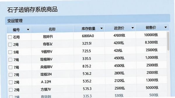 石子进销存系统商品管理界面,显示商品列表与规格参数,表格清晰展示编号、名称、库存数量、进货价与销售价,背景为浅蓝色调,体现数据管理的高效性