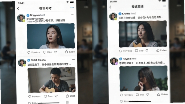 看侃微博信息流浏览界面,显示多条微博图文内容,有转发、评论、点赞按钮,界面风格清爽,图片清晰,背景虚化处理,突出内容主体,展示软件沉浸式阅读体验