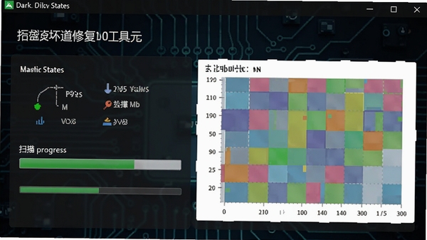 硬盘坏道修复工具主界面截图,显示磁盘健康状态,扫描进度条与坏道分布色块图,背景为深色科技感电路板纹理,整体风格专业简洁,软件名称清晰可见