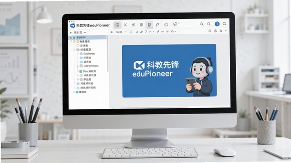 科教先锋eduPioneer主界面预览图,左侧资源树,右侧课件编辑区,顶部工具栏,整体风格简洁明亮,背景为浅灰色工作台,桌面电脑屏幕显示,细节清晰
