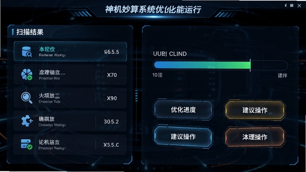 神机妙算系统优化功能运行界面,左侧显示扫描结果分类,右侧为优化进度条与建议操作按钮,整体风格科技感十足