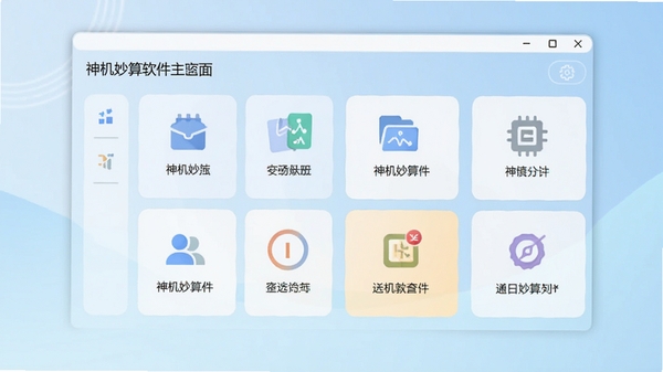 神机妙算软件主界面预览图,展示其简洁清晰的功能布局与现代化设计风格,背景为浅色渐变,突出软件核心功能模块图标