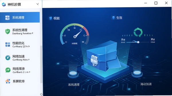 神机妙算软件主界面预览图,展示简洁的仪表盘风格设计,左侧功能列表包含系统清理、性能优化、网络加速等模块,背景为深蓝色科技感渐变,整体画面明亮清晰,突出软件的专业与易用性