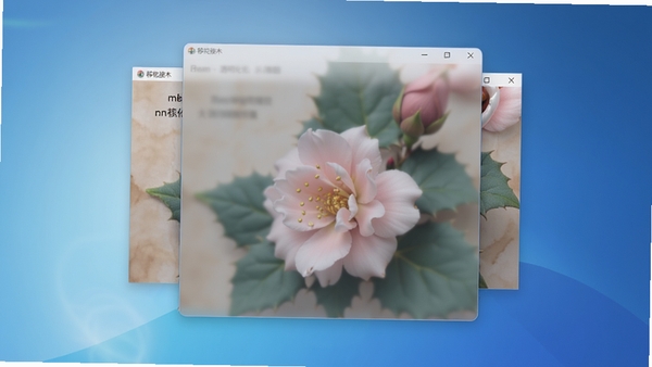 移花接木软件窗口透明化效果示意图,前后两个窗口叠加,上层窗口呈现半透明状态,露出底层窗口内容,背景为渐变蓝色桌面,画面细腻,光线柔和,突出软件核心功能