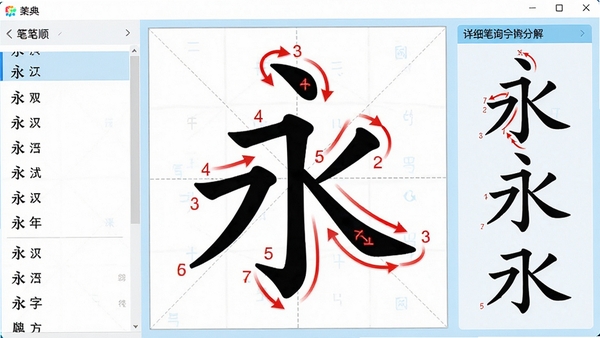一幅展示笔画笔顺查询字典软件主界面的高清截图,画面中央是一个大的汉字“永”字,其笔画顺序用红色数字和箭头动态标出,周围有田字格背景,界面风格简洁明亮,左侧显示汉字列表,右侧显示详细笔顺分解,整体色调以白色和浅蓝色为主,突出教育性和工具性,画面清晰,细节丰富,适合作为软件预览图展示。