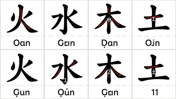 笔画笔顺查询字典软件批量查询结果截图,画面中显示一个表格,表格中并排展示“火”、“水”、“木”、“土”四个汉字的笔顺分解图、拼音和笔画数,表格设计简洁清晰,每行有浅灰色分隔线,整体视觉风格干净明亮,突出对比效果。
