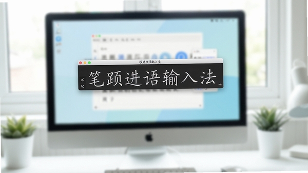 一张现代简约风格的电脑桌面场景,屏幕中央显示笔画笔顺跃进汉语输入法的输入状态栏,背景虚化处理,突出软件界面,整体色调清新明亮,体现高效便捷的中文输入体验