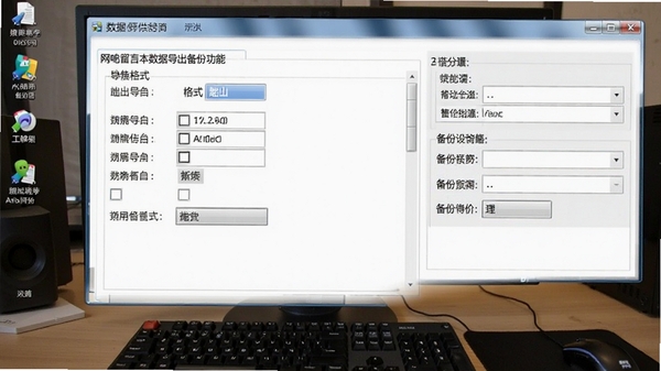 网吧留言本数据导出备份功能截图,显示导出文件格式选项和备份设置面板,背景为电脑桌面