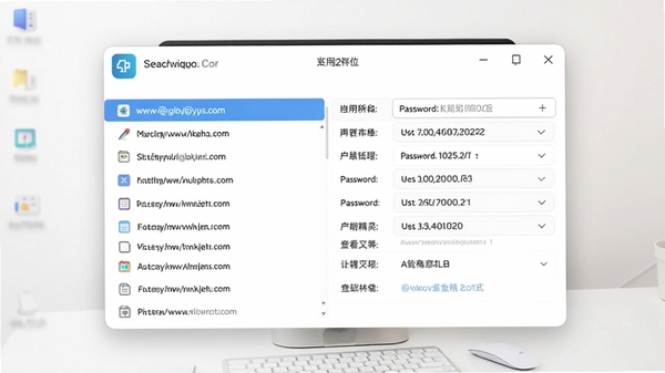 网页密码查看精灵主界面截图,显示一个简洁的工具窗口,窗口中有一个网址列表和对应的用户名与密码明文显示区域,背景为干净的浅色桌面环境,软件界面风格现代清晰,图标醒目,整体画面明亮直观