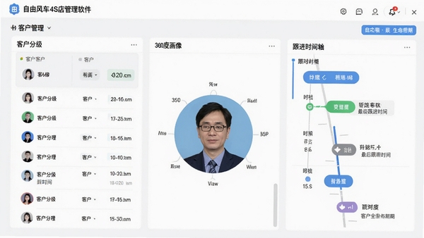 自由风汽车4S店管理软件客户管理界面示意图,显示客户列表、360度画像视图、跟进时间轴,界面清晰展示客户分级和最后跟进时间,突出客户全生命周期管理理念