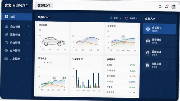 自由风汽车4S店管理软件主界面预览图,展示左侧功能导航栏、中央数据看板、右侧业务快捷入口,整体风格商务简洁,色彩以深蓝和白色为主,营造专业、可靠的管理软件氛围