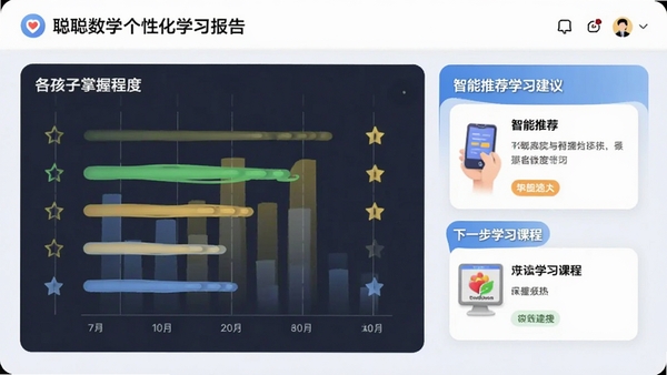 聪聪数学个性化学习报告界面,图表展示孩子各知识点的掌握程度星级,右侧有智能推荐的学习建议和下一步学习课程卡片,界面清晰直观,体现智能化辅导功能