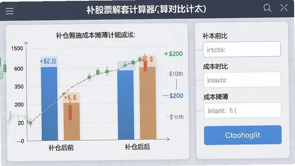 股票解套计算器补仓成本摊薄计算功能演示图,显示补仓前后的成本对比柱状图,右侧有输入框和计算按钮,背景为浅灰色网格线,突出数据变化,界面现代,高清细节